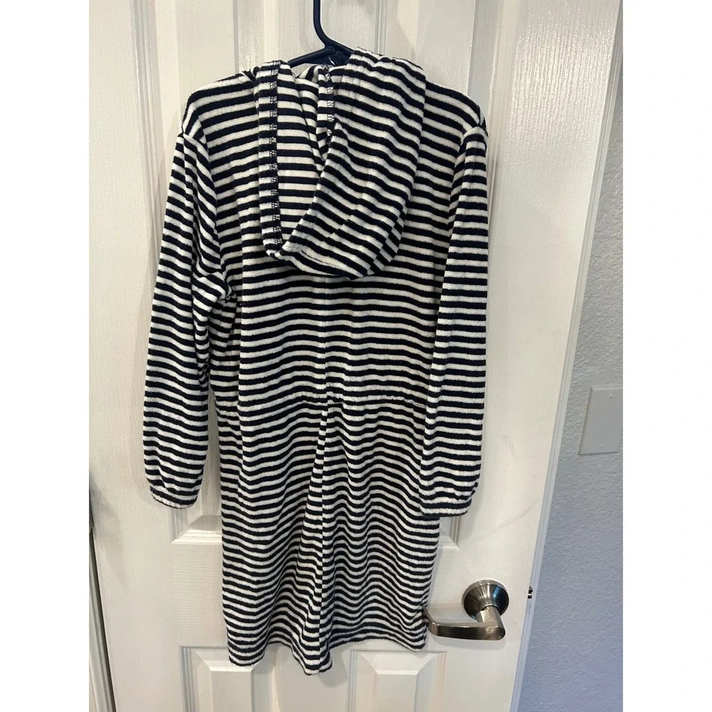 Old Navy Swim Cover‎ Up Navy Blue Striped Terry Cloth Hooded Full Zip Robe